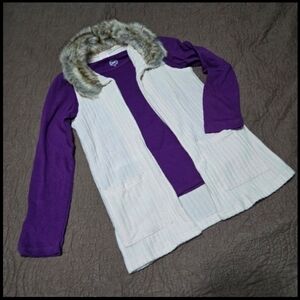 2pc Knit Cardigan Sweater Sleeveless with Long Sleeve Purple Tee, Kid Size M 7-8